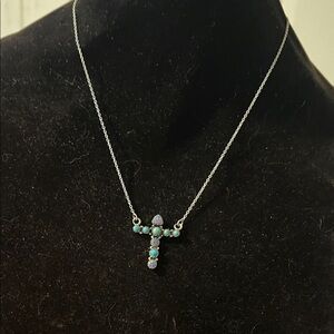 Elegant sterling Silver Cross Necklace with turquoise and opal.